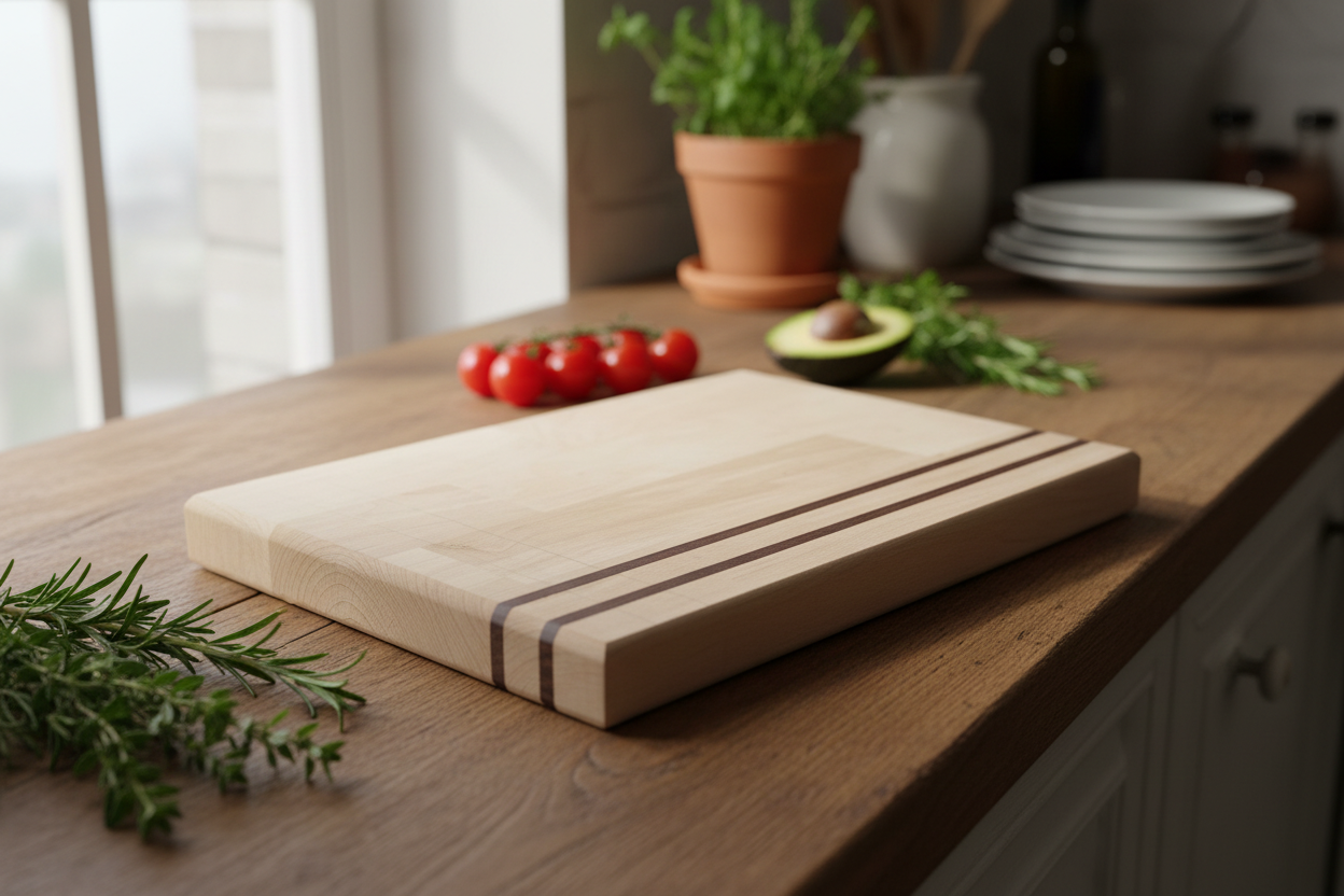 Handmade wooden cutting board – light ash birch with dark wenge stripes, lifestyle kitchen photo