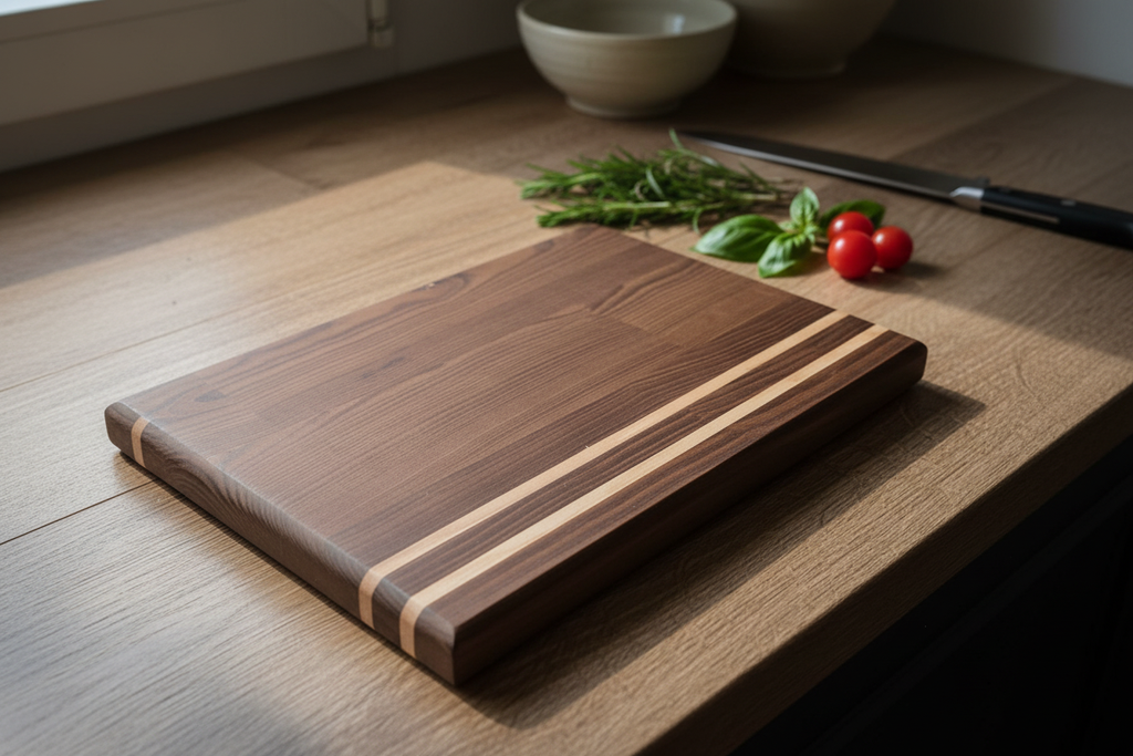 Handmade wooden cutting board – dark wenge with light ash stripes, lifestyle kitchen photo