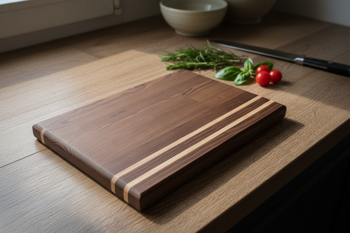 Handmade wooden cutting board – dark wenge with light ash stripes, lifestyle kitchen photo